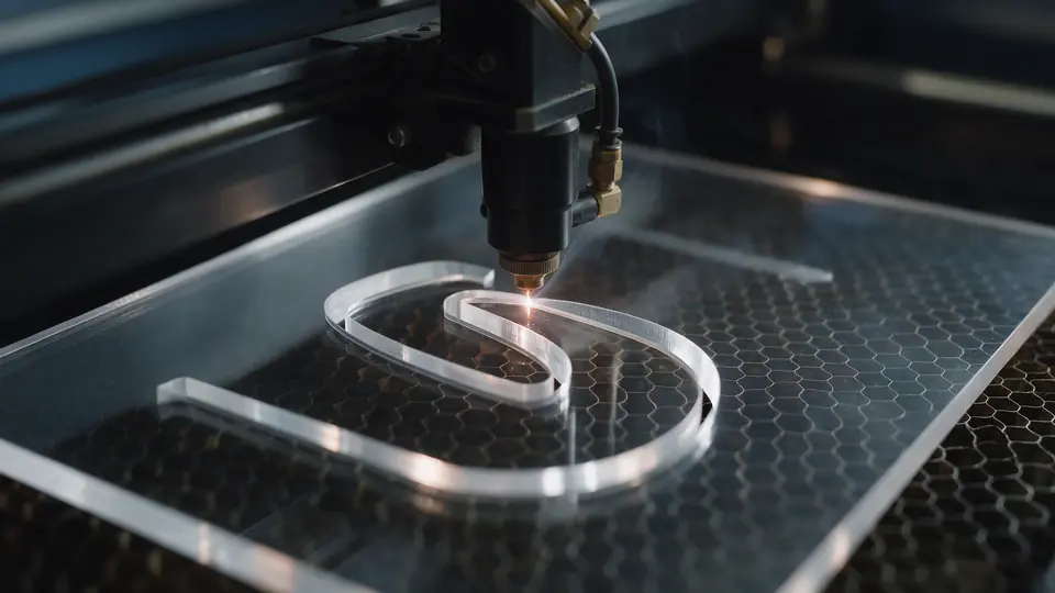 Głowica lasera CO₂ wycina literę z bezbarwnej pleksi 10 mm na stole plastrowym